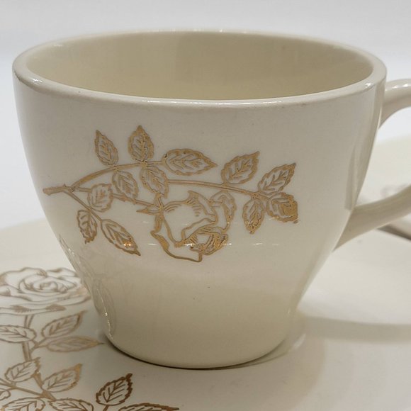 SCIO Ceramic Tea Cup Coffee Cup and Saucer Set of 2 White w Golden Rose Design - Picture 4 of 8